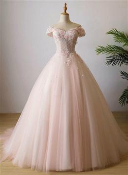 Picture of Cute Light Pink Tulle Flowers Off Shoulder Party Dresses, Sweet 16 Gown